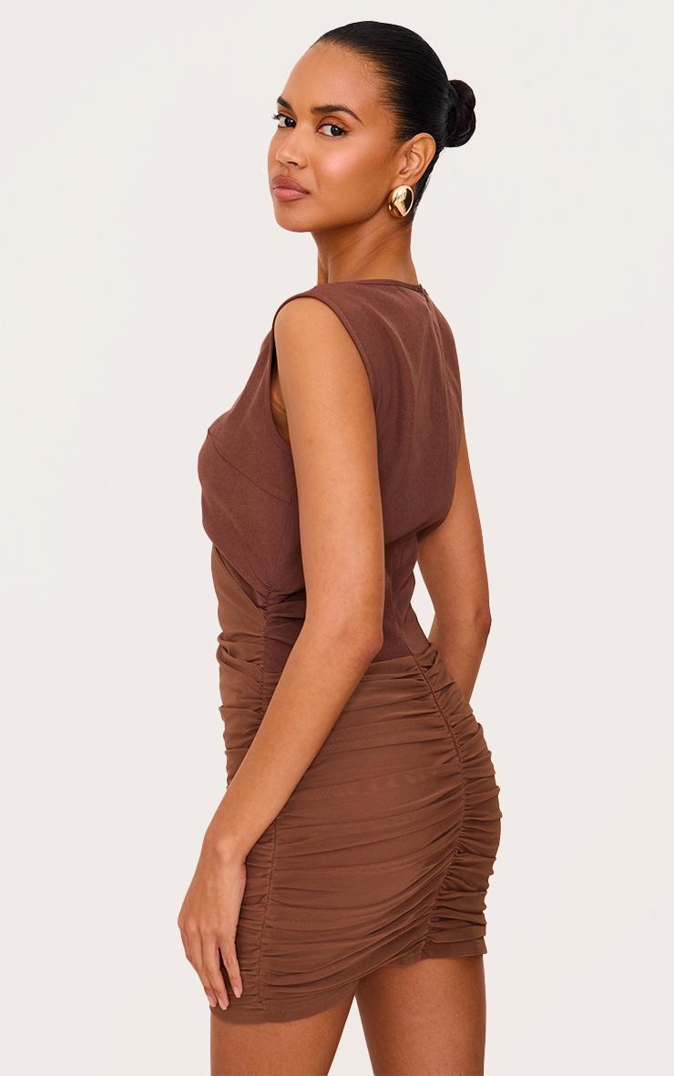 Chocolate Woven Wrap Ruched Mini Dress Product Image