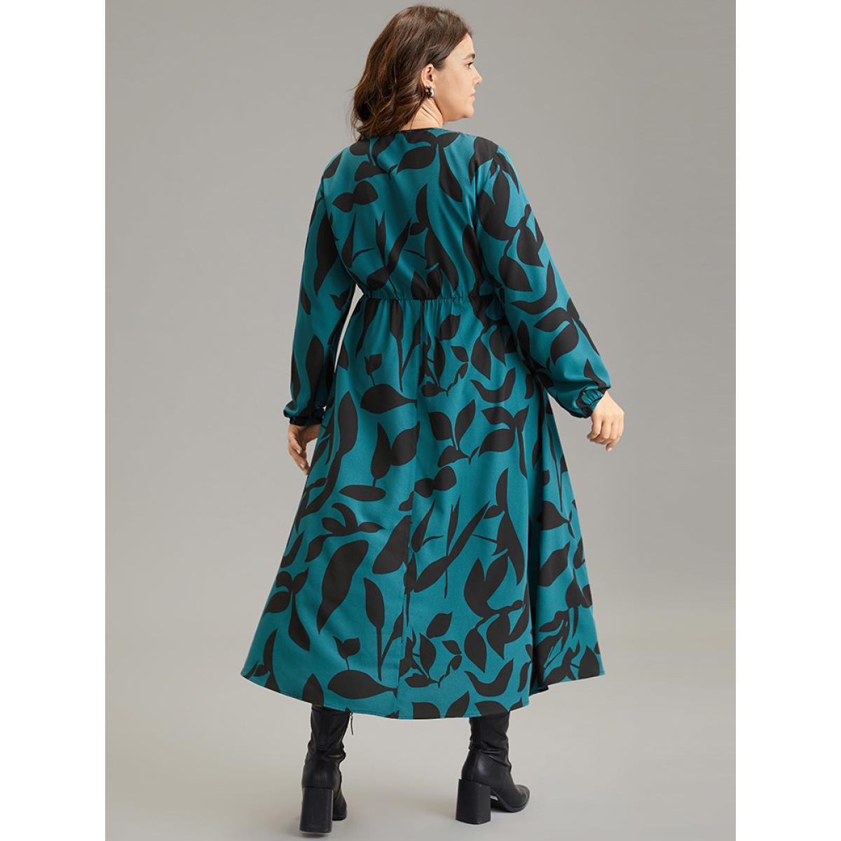 Plus Size Silhouette Floral Print Elastic Waist Lantern Sleeve Dress Aegean Women Elegant Elastic cuffs V-neck Long Sleeve Curvy Midi Dress BloomChic 30/6X Product Image