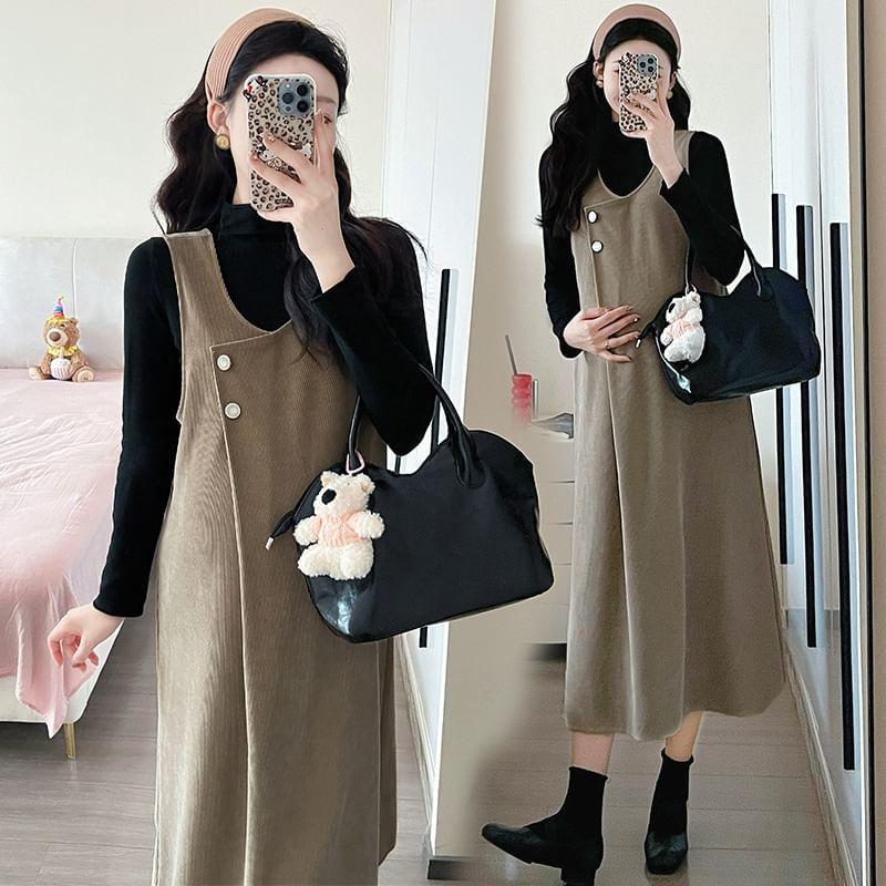 Maternity V-Neck Plain Buttoned Midi Dungaree Dress Product Image