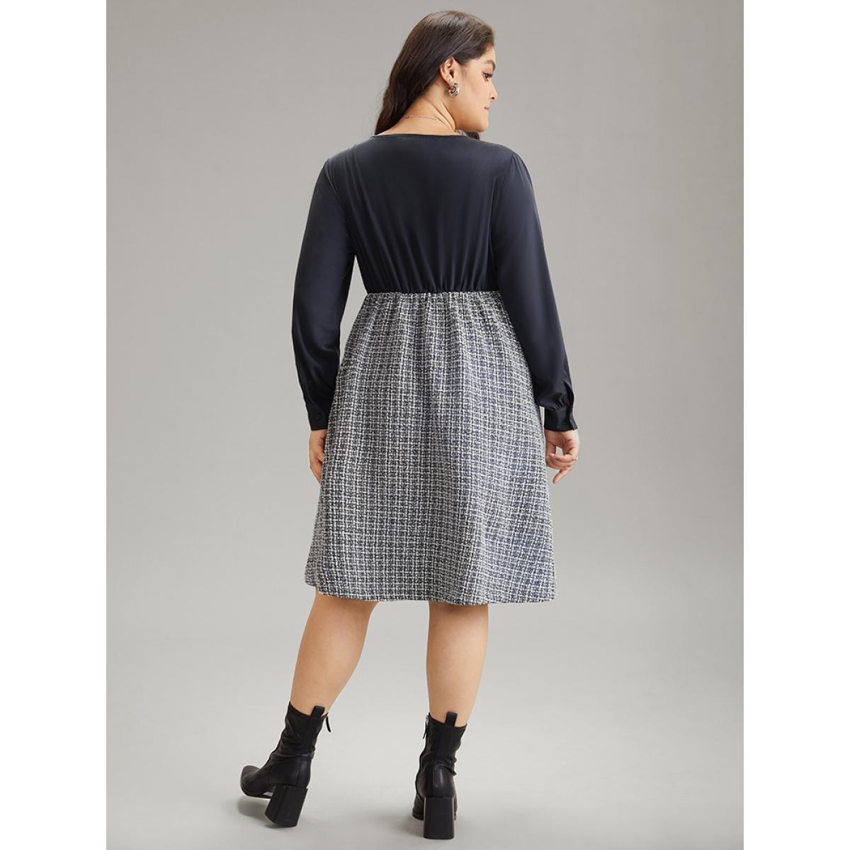 Plus Size Gingham Coarse Tweed Pocket Overlap Collar Dress DarkBlue Women Elegant Texture Overlap Collar Long Sleeve Curvy Midi Dress BloomChic 26/4X Product Image