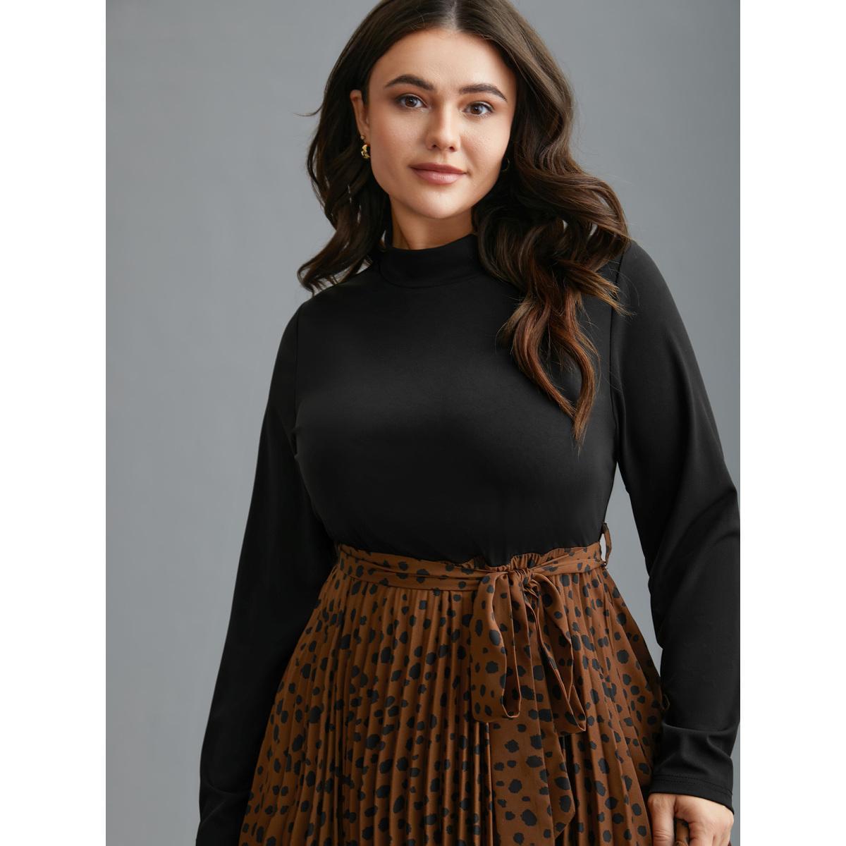 Plus Size Leopard Print Pleated Mock Neck Midi Dress Bronze Women At the Office Belted Mock Neck Long Sleeve Curvy BloomChic 26/4X Product Image