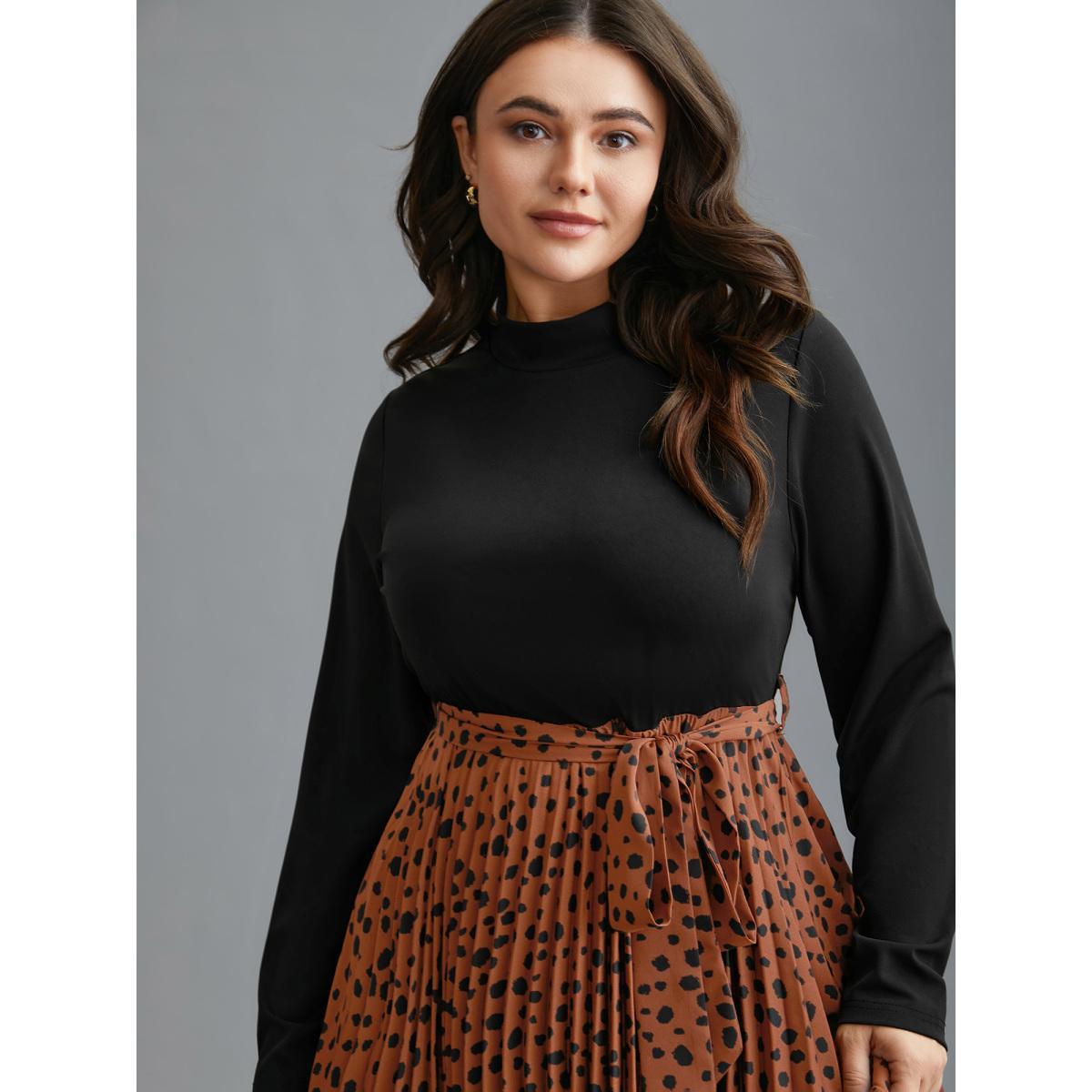 Plus Size Leopard Print Pleated Mock Neck Midi Dress Russet Women At the Office Belted Mock Neck Long Sleeve Curvy BloomChic 10/M Product Image