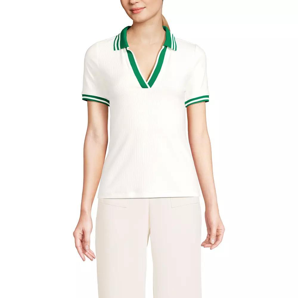 Petite Lands' End Short Sleeve Polished Rib Polo, Women's, Size: XS Petite, Ivory Vibrant Green Product Image