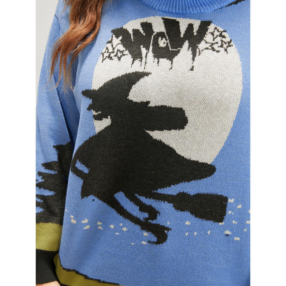 Plus Size Halloween Contrast Pointelle Knit Jacquard Knit Top LightBlue Women Casual Long Sleeve Round Neck Dailywear Pullovers BloomChic 30/6X Product Image