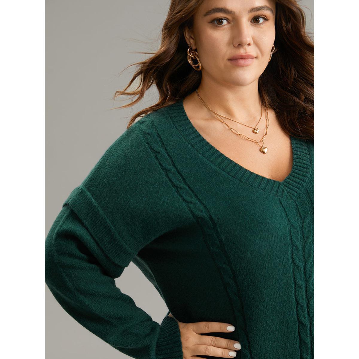 Plus Size Cable Knit Patchwork Drop Shoulder Pullover DarkGreen Women Casual Loose Long Sleeve V-neck Dailywear Pullovers BloomChic 12/L Product Image