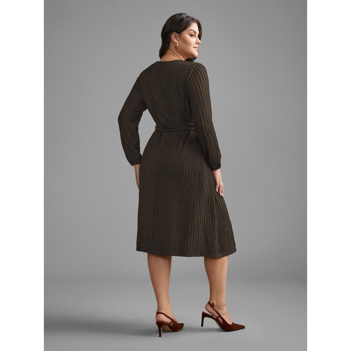 Plus Size Plain Textured Belted Knit Dress DarkBrown Women Casual Texture Knit Dresses Bloomchic 26/4X Product Image