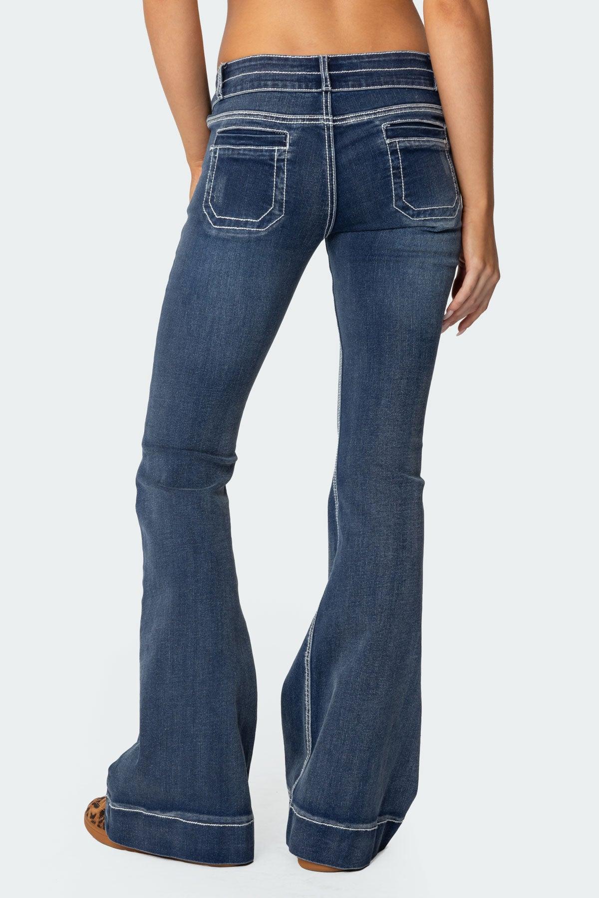 Contrast Stitch Low Rise Flared Jeans Product Image