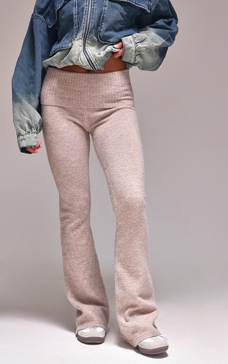 Taupe Melange Soft Knit Foldover Waist Flared Pants Product Image