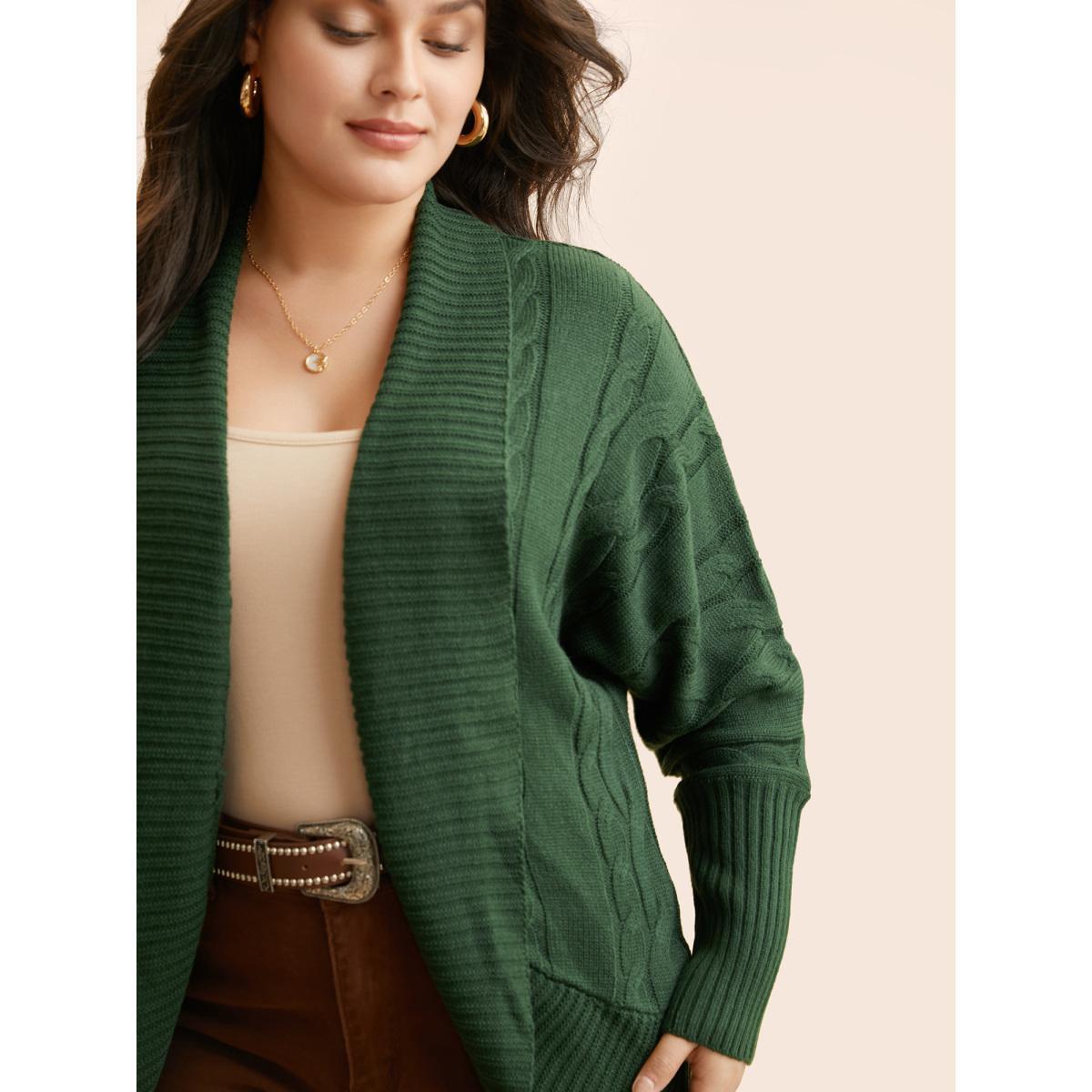 Plus Size Texture Cable Knit Dolman Sleeve Cardigan DarkGreen Women Casual Loose Long Sleeve Everyday Cardigans BloomChic 30/6X Product Image