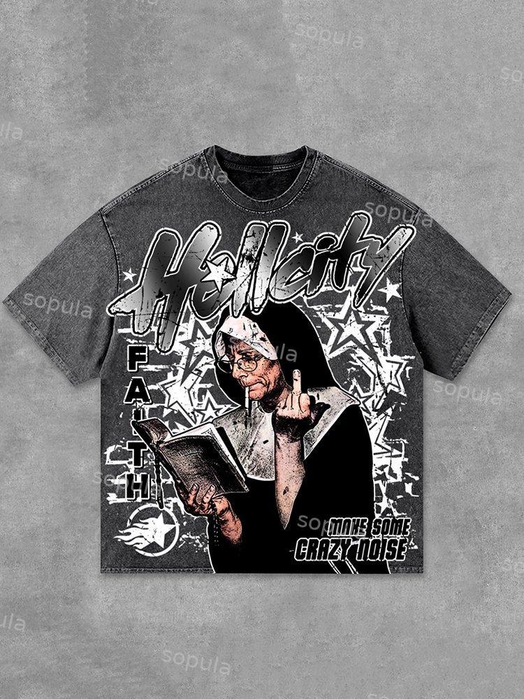 Men's Vintage Design Graphic Black Washed T-Shirt Product Image