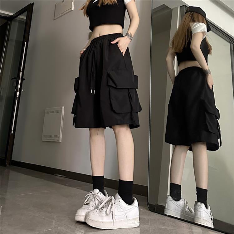 High Waist Plain Wide Leg Cargo Shorts Product Image