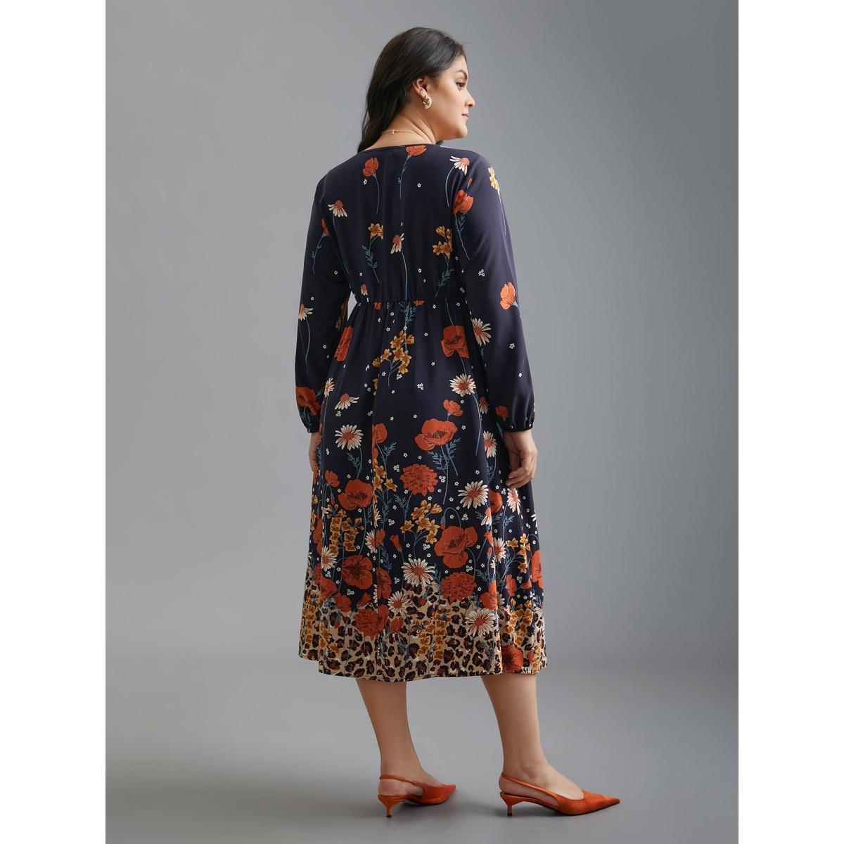 Plus Size Floral Boho Print Lantern Sleeve Dress Indigo Women Elegant Non Round Neck Long Sleeve Curvy BloomChic 30/6X Product Image
