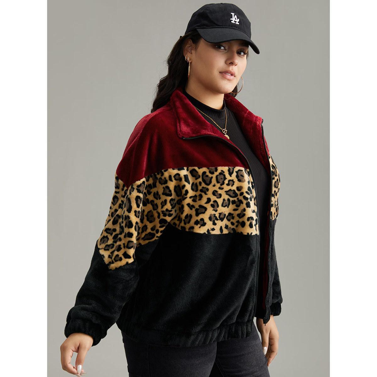 Plus Size Leopard Colorblock Contrast Zipper Jacket Women Scarlet Contrast Everyday Jackets BloomChic 10/M Product Image
