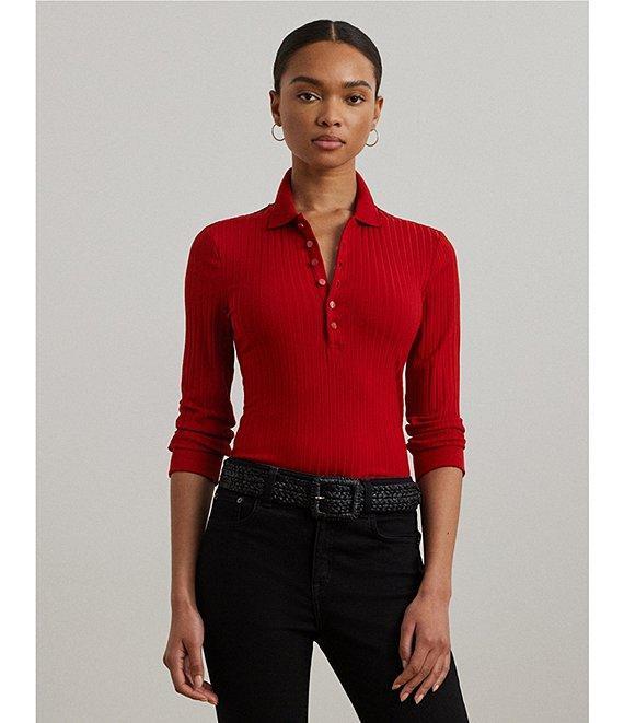 Lauren Ralph Lauren Ribbed Knit Point Collar 3/4 Sleeve Polo Shirt Product Image