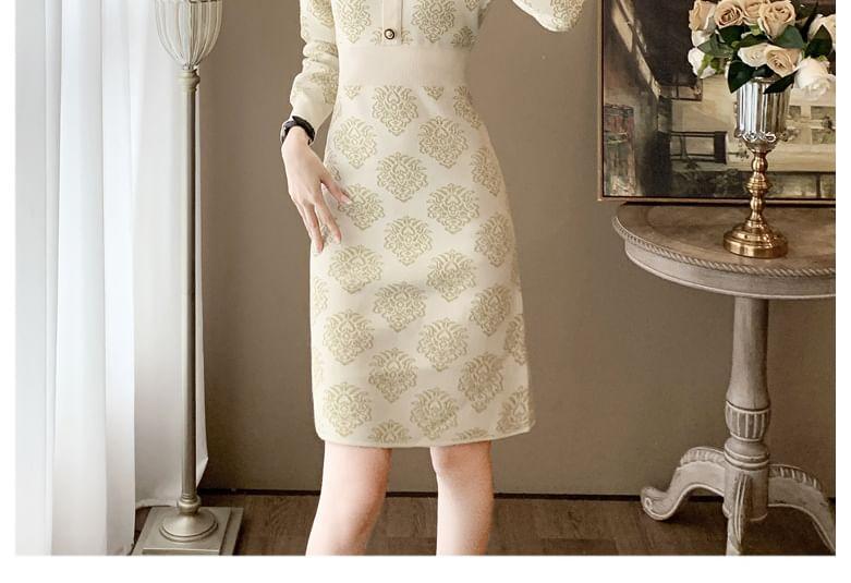 Long-Sleeve Crew Neck Patterned Knit Sheath Dress Product Image