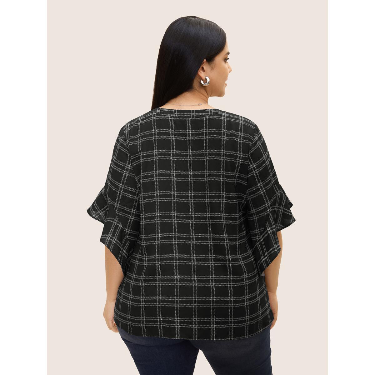 Plus Size Black Plaid Notched Patchwork Ruffle Sleeve Blouse Women At the Office Half Sleeve Flat collar with V-notch Work Blouses BloomChic 28/5X Product Image