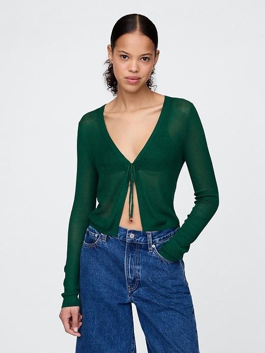 Sheer Rib Cropped Tie-Front Cardigan Product Image