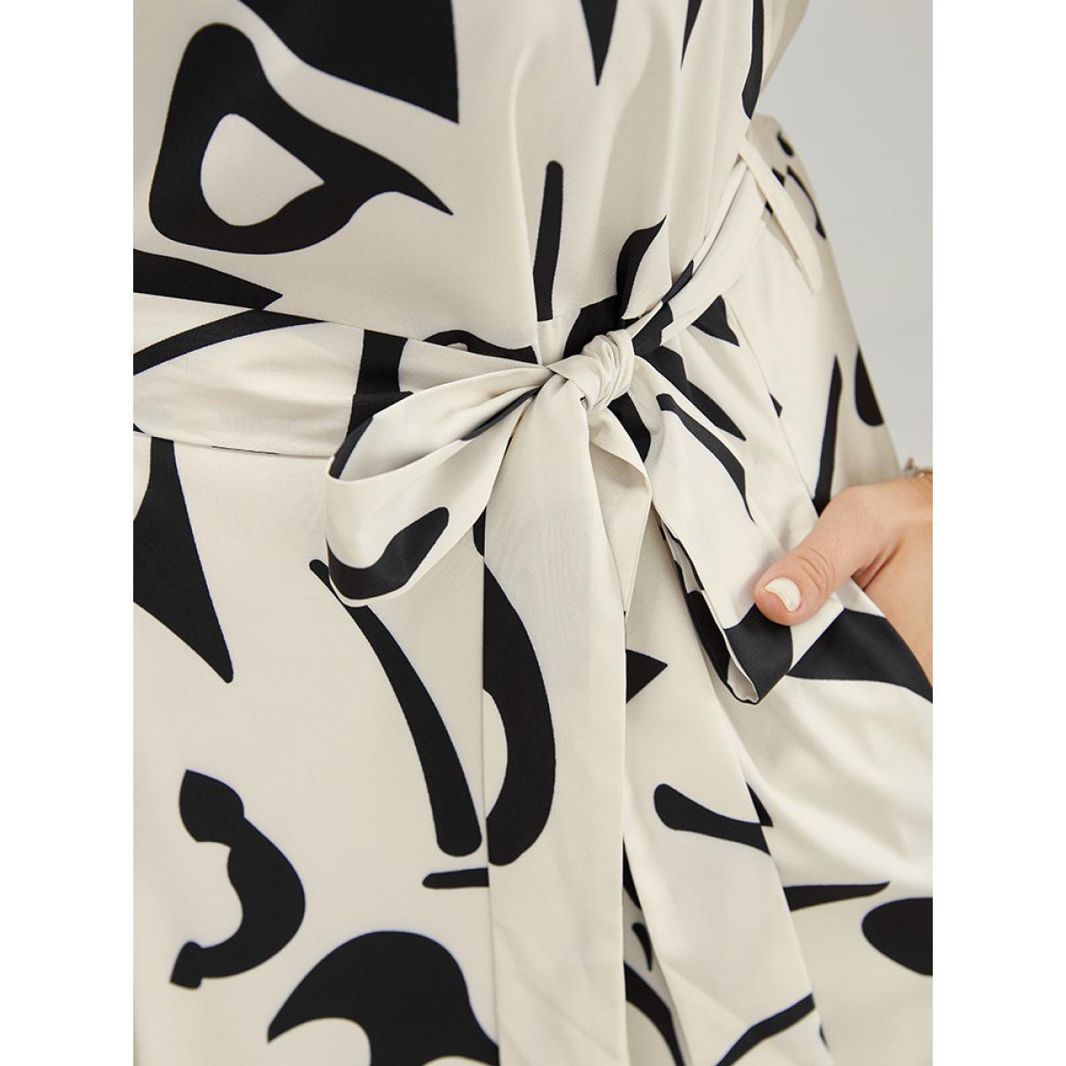 Plus Size Geometric Print Pocket Flutter Hem Belted Puff Sleeve Dress Multicolor Women Elegant Belted V-neck Short sleeve Curvy Midi Dress BloomChic 10/M Product Image