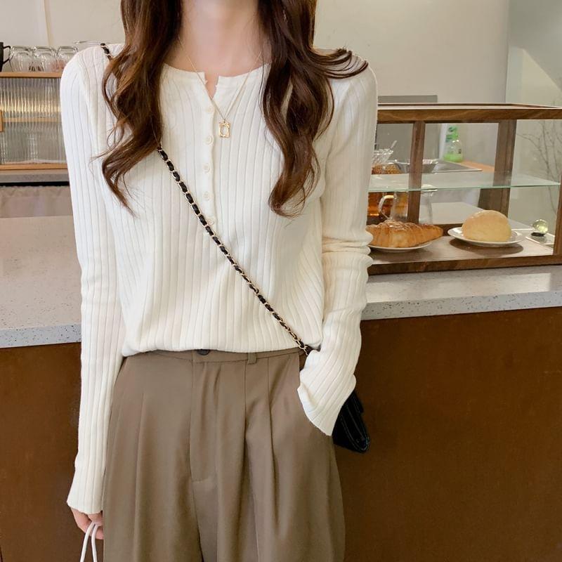 Long Sleeve Notch Neck Plain Button Ribbed Knit Top Product Image