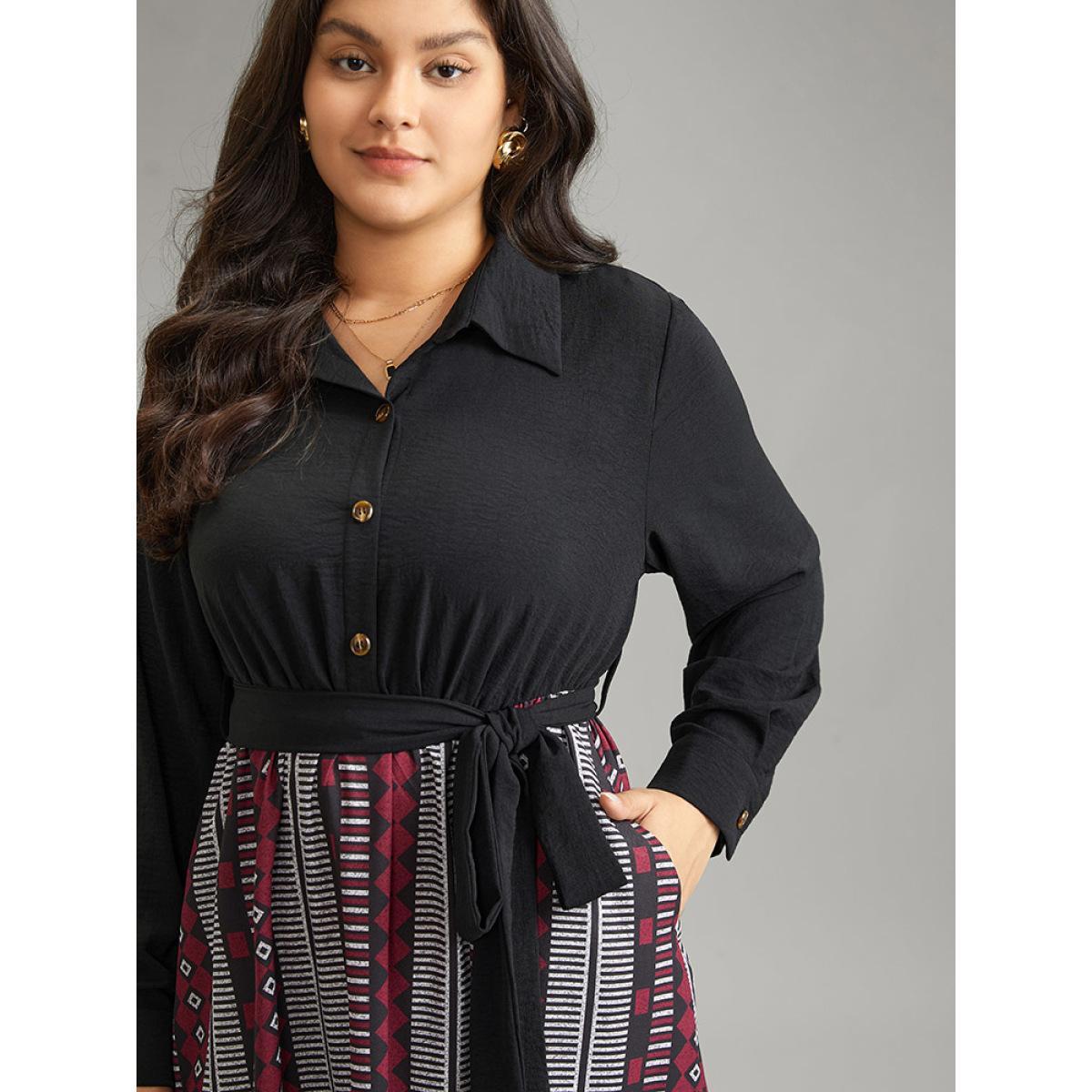 Plus Size Geometric Belted Button Up Curved Hem Dress Black Women Office Belted Shirt collar Long Sleeve Curvy Midi Dress BloomChic 14-16/1X Product Image