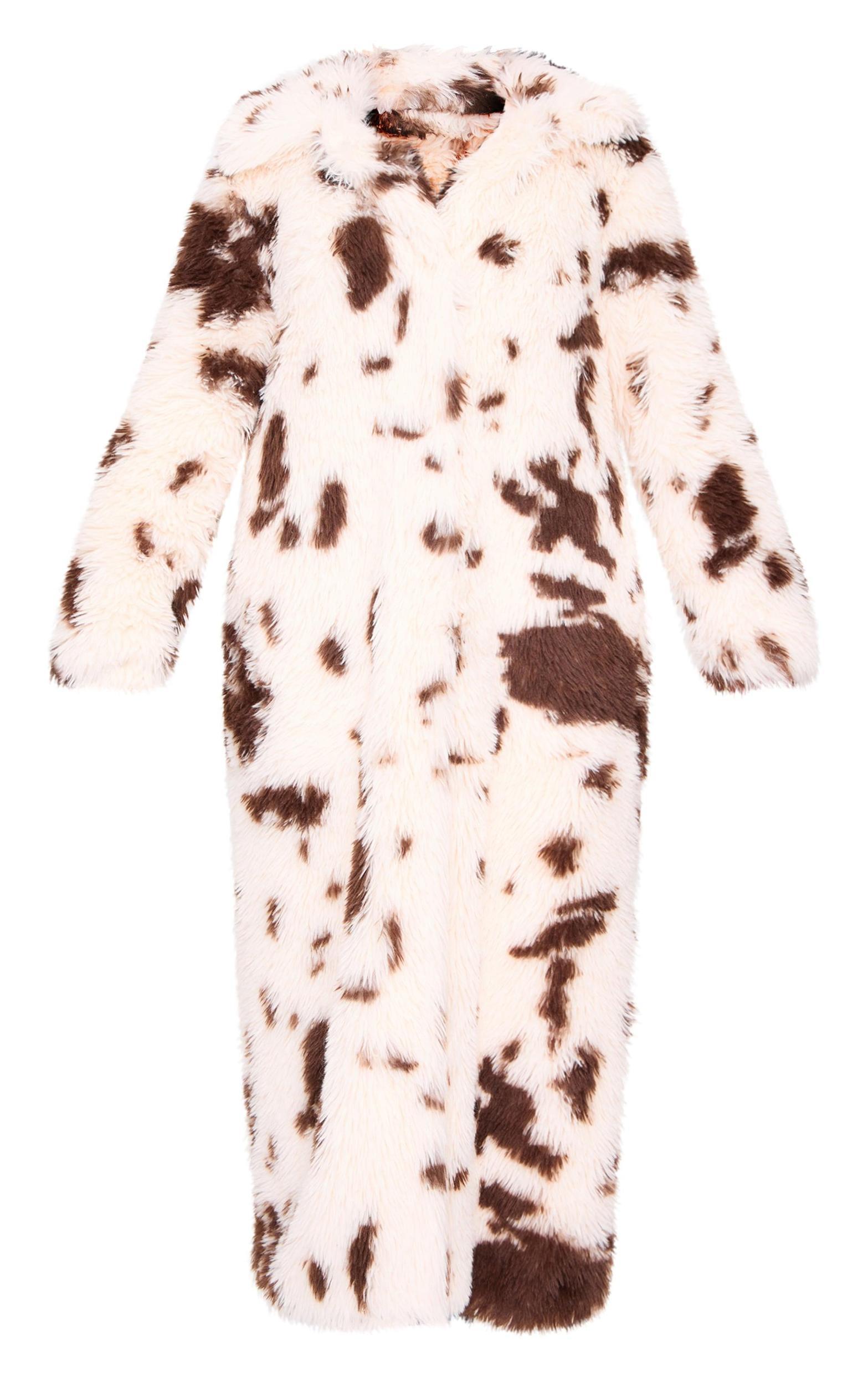 Cream Cow Print Shaggy Faux Fur Maxi Coat Product Image