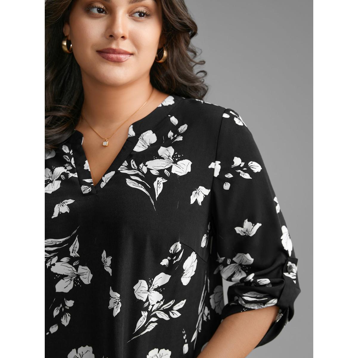 Plus Size Black Silhouette Floral Print Tab Sleeve Slit Hem Blouse Women Elegant Elbow-length sleeve Notched collar Everyday Blouses BloomChic 10/M Product Image