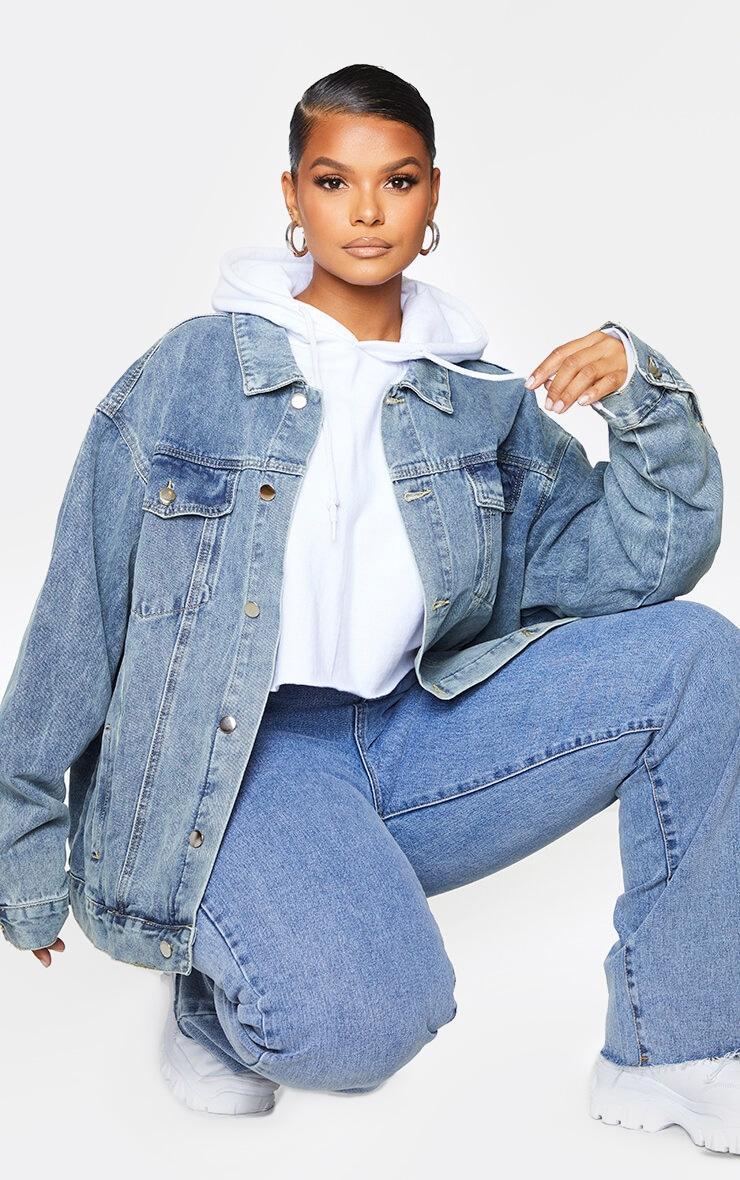 PRETTYLITTLETHING Plus Vintage Wash Oversized Boyfriend Denim Jacket Product Image
