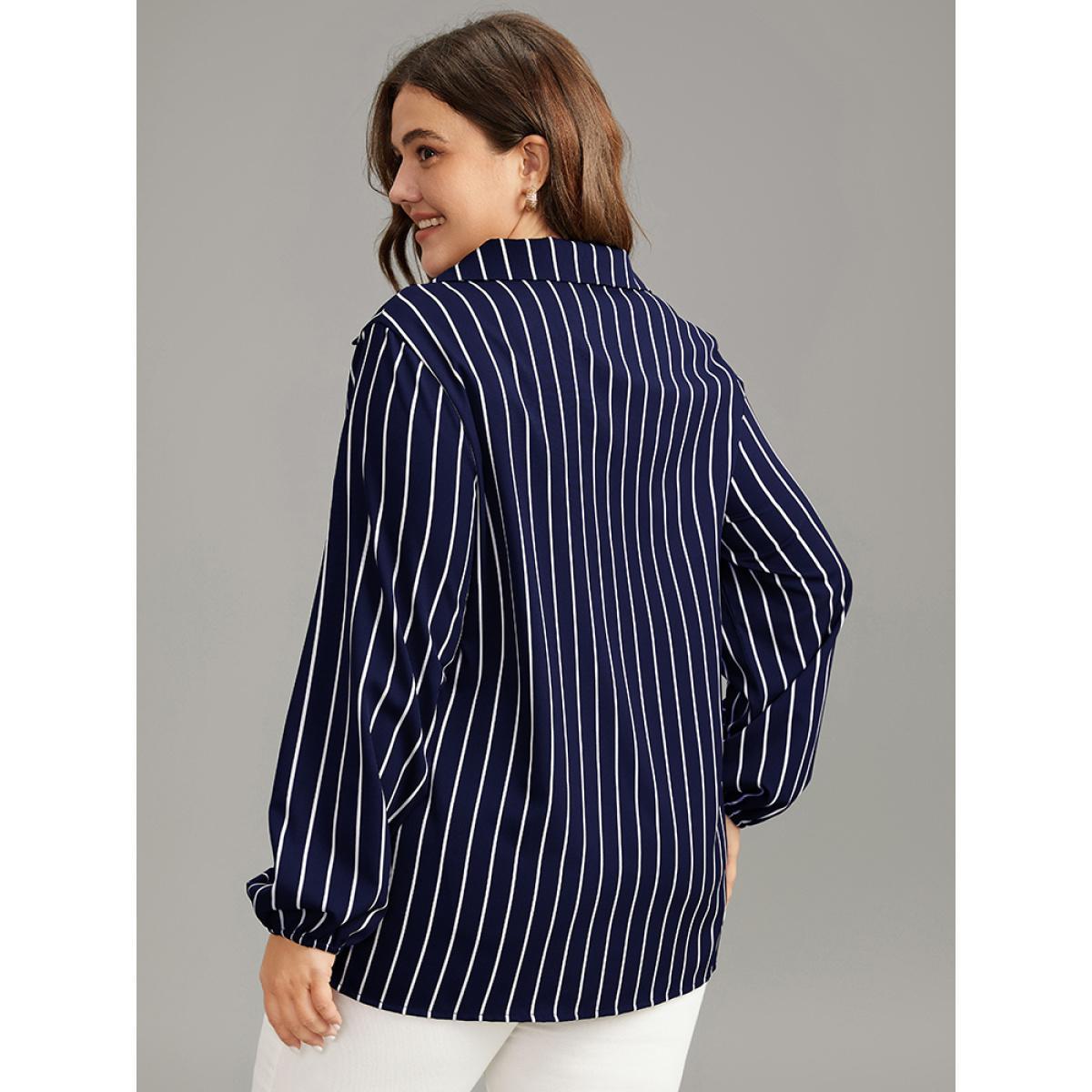 Plus Size Indigo Striped Shirt Collar Lantern Sleeve Blouse Women Office Long Sleeve Shirt collar Work Blouses BloomChic 12/L Product Image