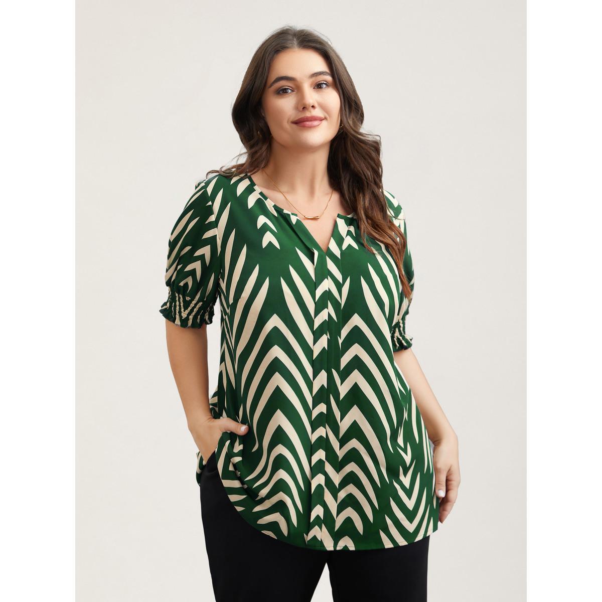 Plus Size DarkGreen Geometric Print Ruffled Shirred Shirt Women At the Office Half Sleeve Flat collar with V-notch Work Blouses BloomChic 14-16/1X Product Image