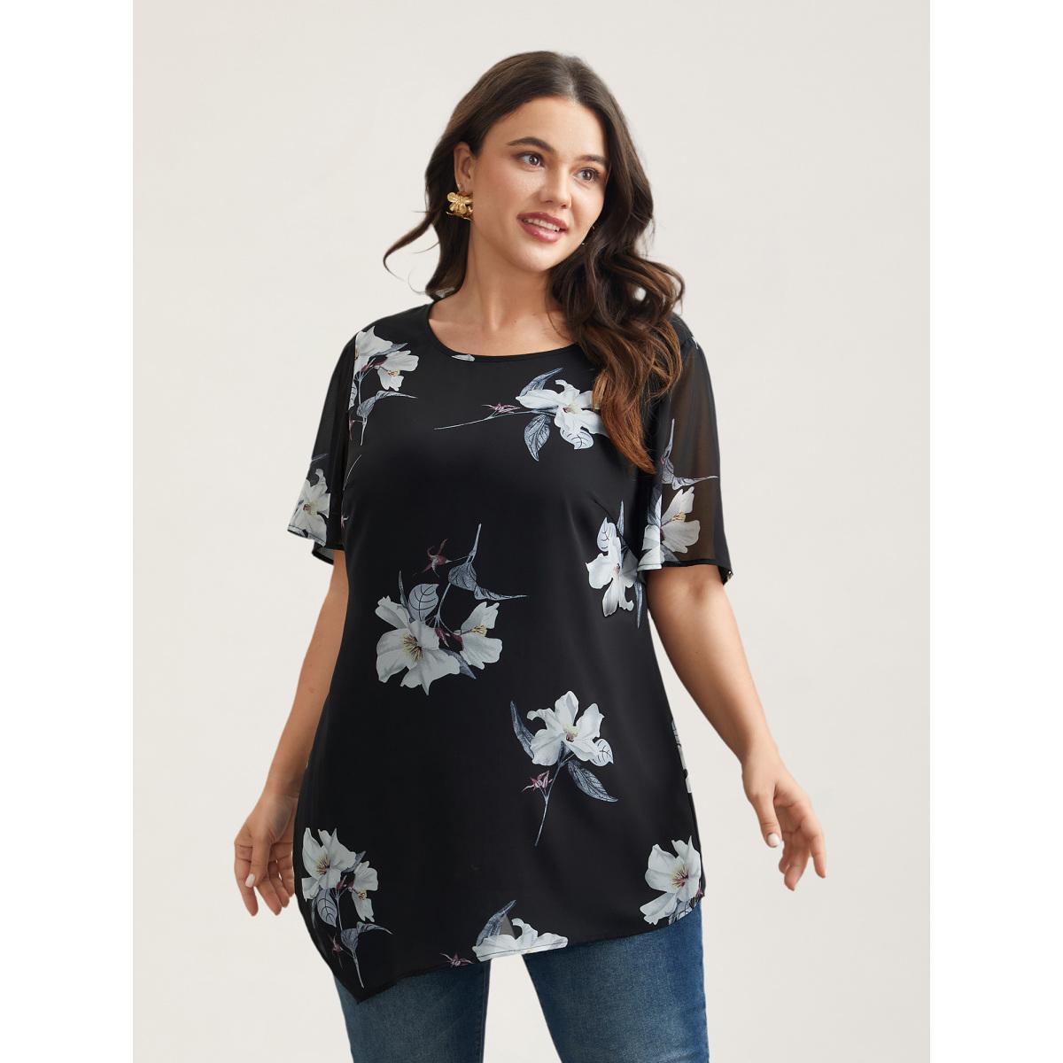 Plus Size Black Chiffon Floral Round Neck Shirt Women Elegant Short sleeve Round Neck Everyday Blouses BloomChic 30/6X Product Image