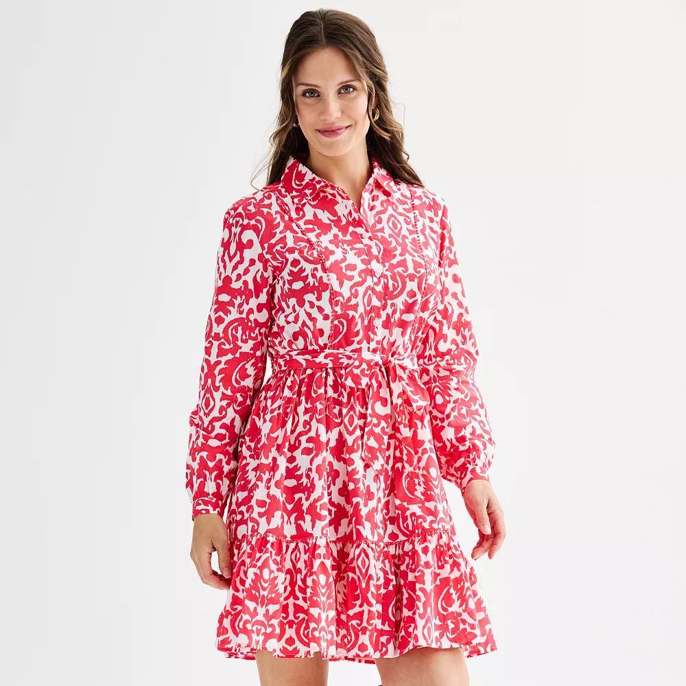 Women's Ellen Tracy Shirt Dress with Self Tie and Ruffle Hem, Size: XS, Geranium Damask Product Image