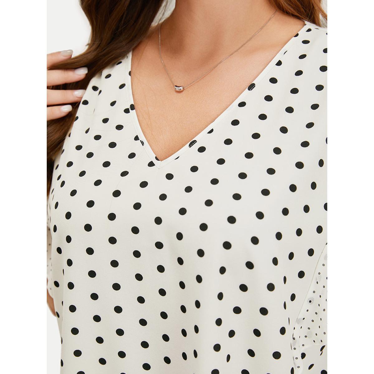 Plus Size White Polka Dot Patchwork Mesh Flutter Sleeve Blouse Women Office Short sleeve V-neck Work Blouses BloomChic 14-16/1X Product Image