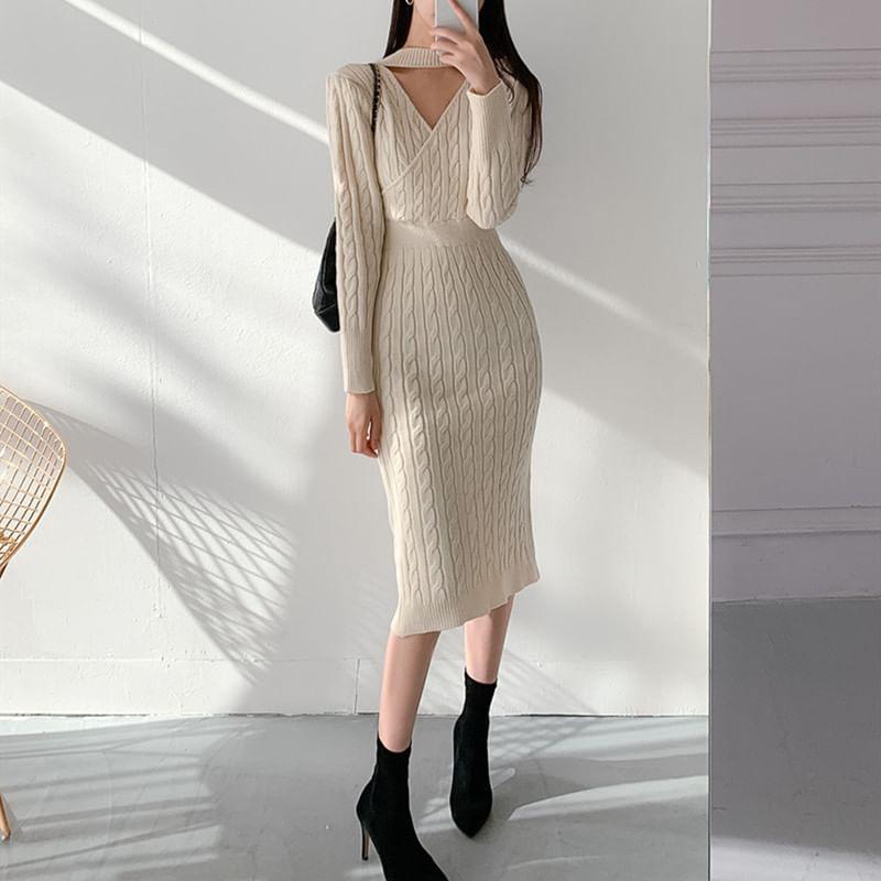 Long-Sleeve Choker-Neck Plain Midi Cable Knit Sweater Dress Product Image