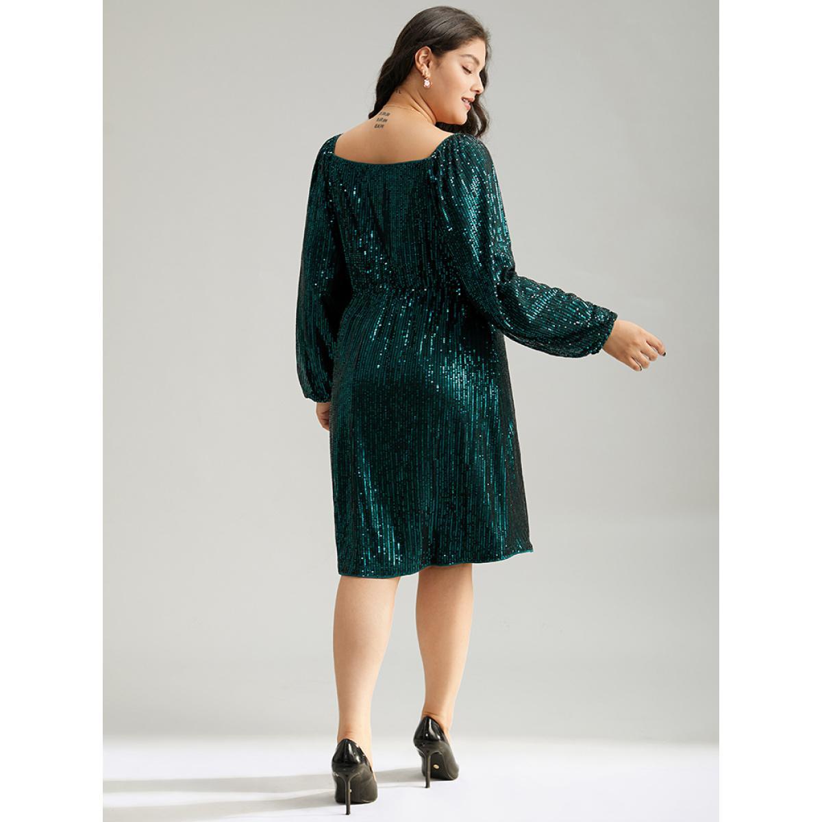 Plus Size Sequin Square Neck Lantern Sleeve Knee Dress DarkGreen Women Party Elastic cuffs Square Neck Long Sleeve Curvy Knee Dress BloomChic 18-20/2X Product Image