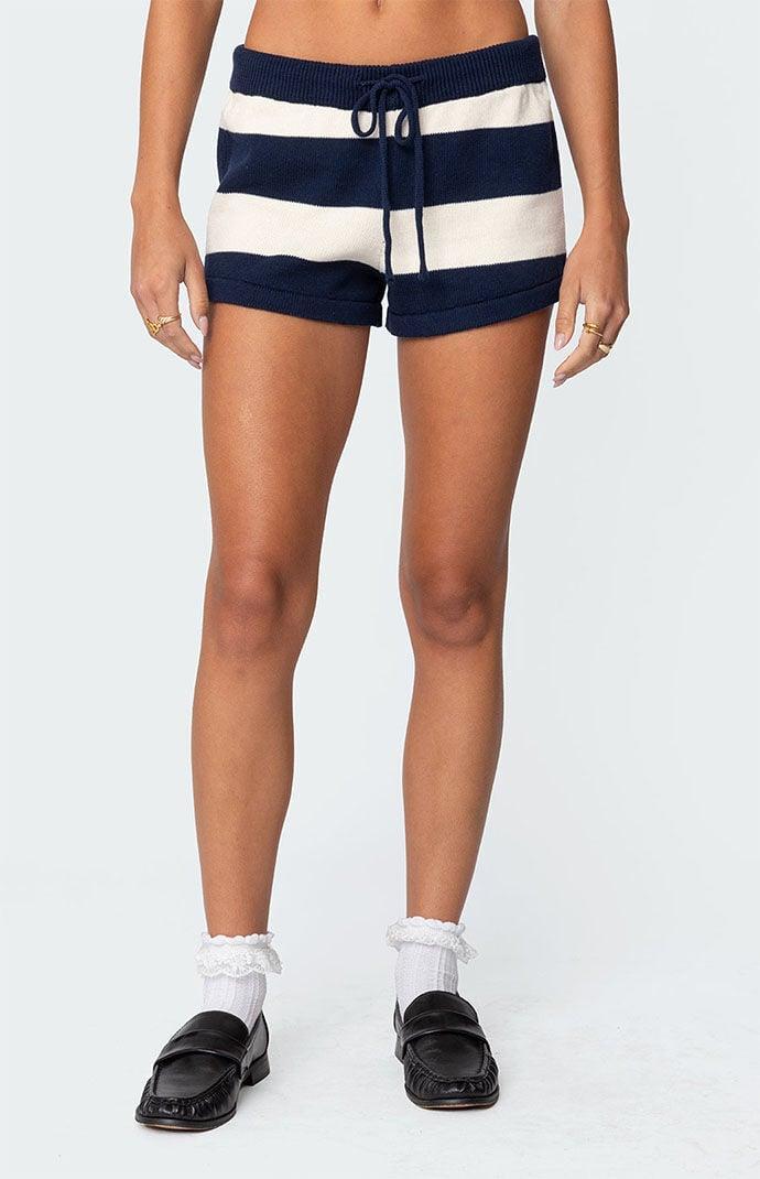 Edikted Women's Riley Striped Knit Shorts in Cream/Navy - Product Image