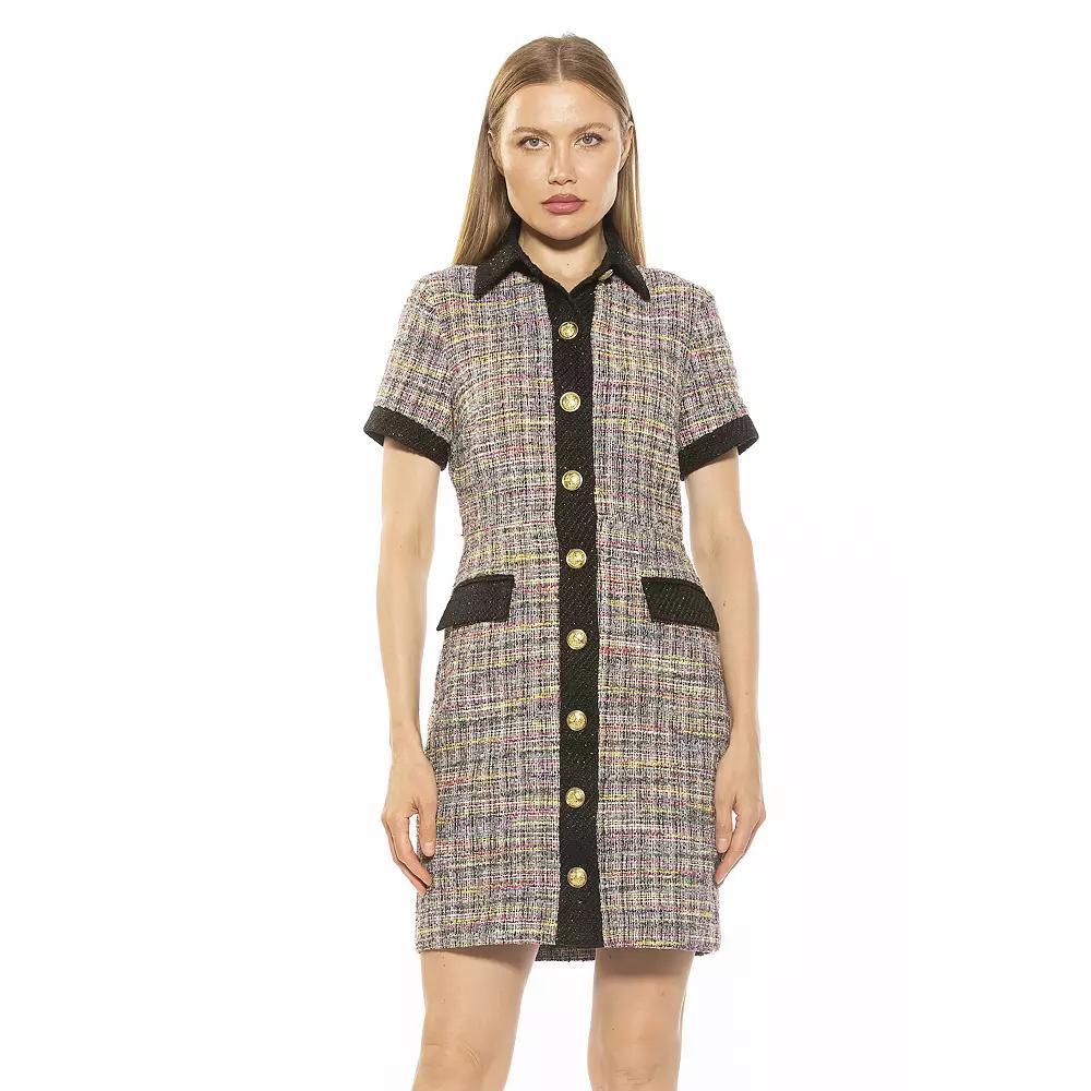 Women's ALEXIA ADMOR Jenni Collar Button Down Tweed Shirt Dress, Size: 8, Black Stripe Product Image