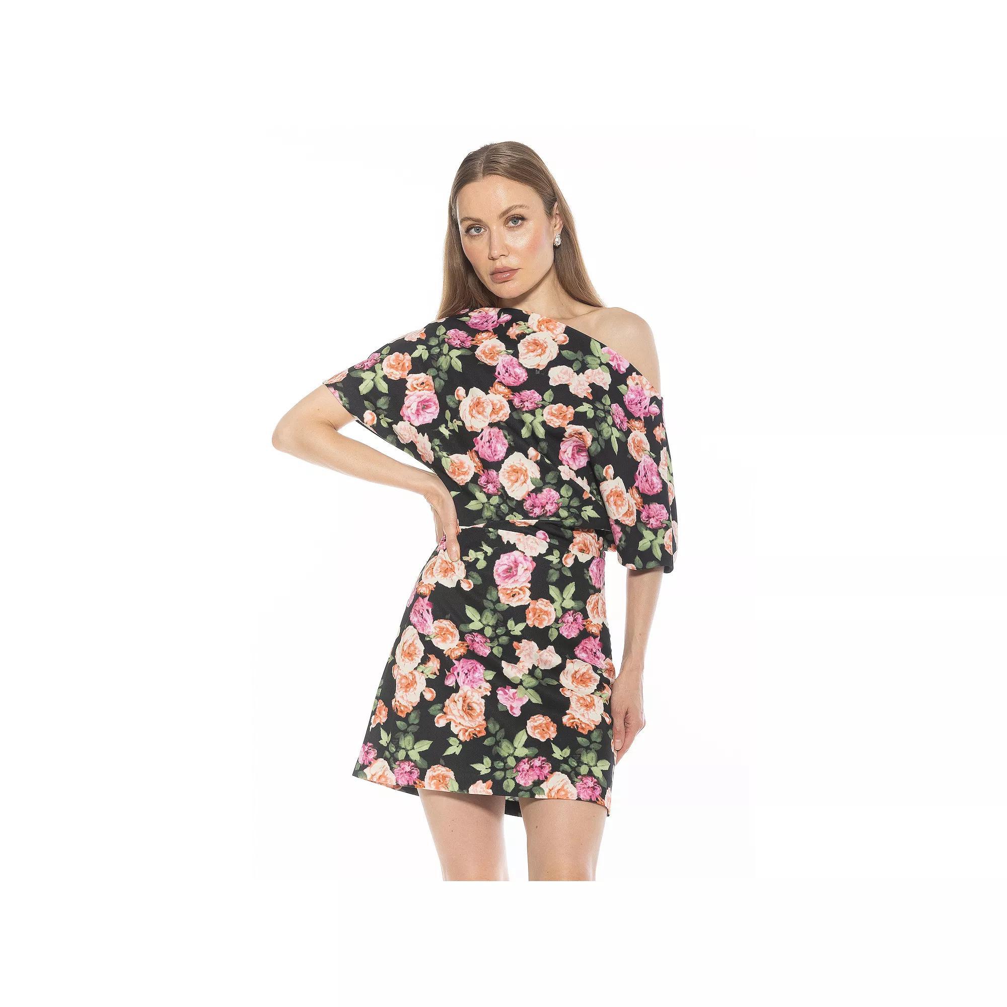 Women's ALEXIA ADMOR Draped Shoulder Mini A-Line Dress, Size: Small, Black Floral Product Image
