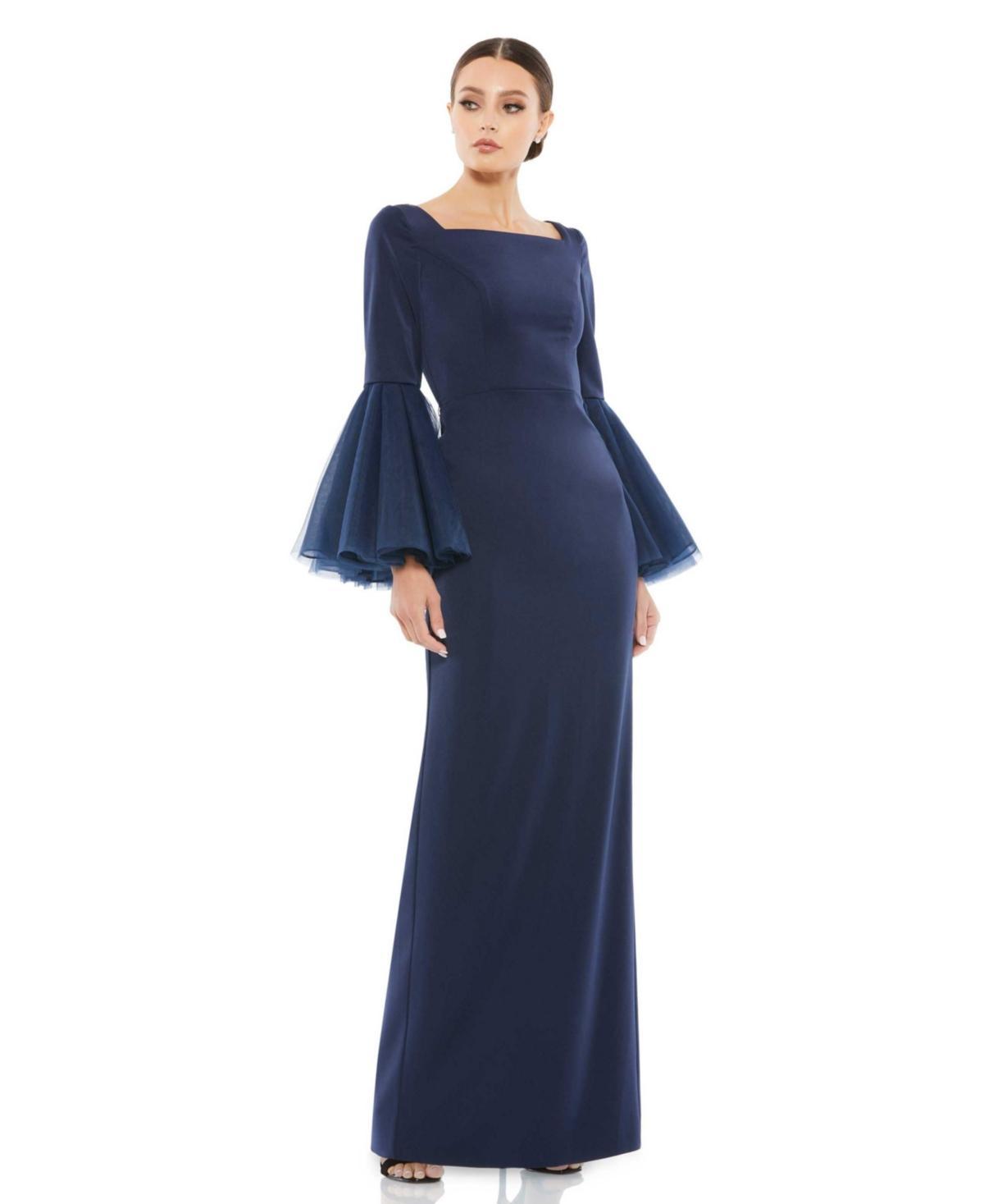 Mac Duggal Long Flounce Sleeve Square Neck Sheath Gown Product Image