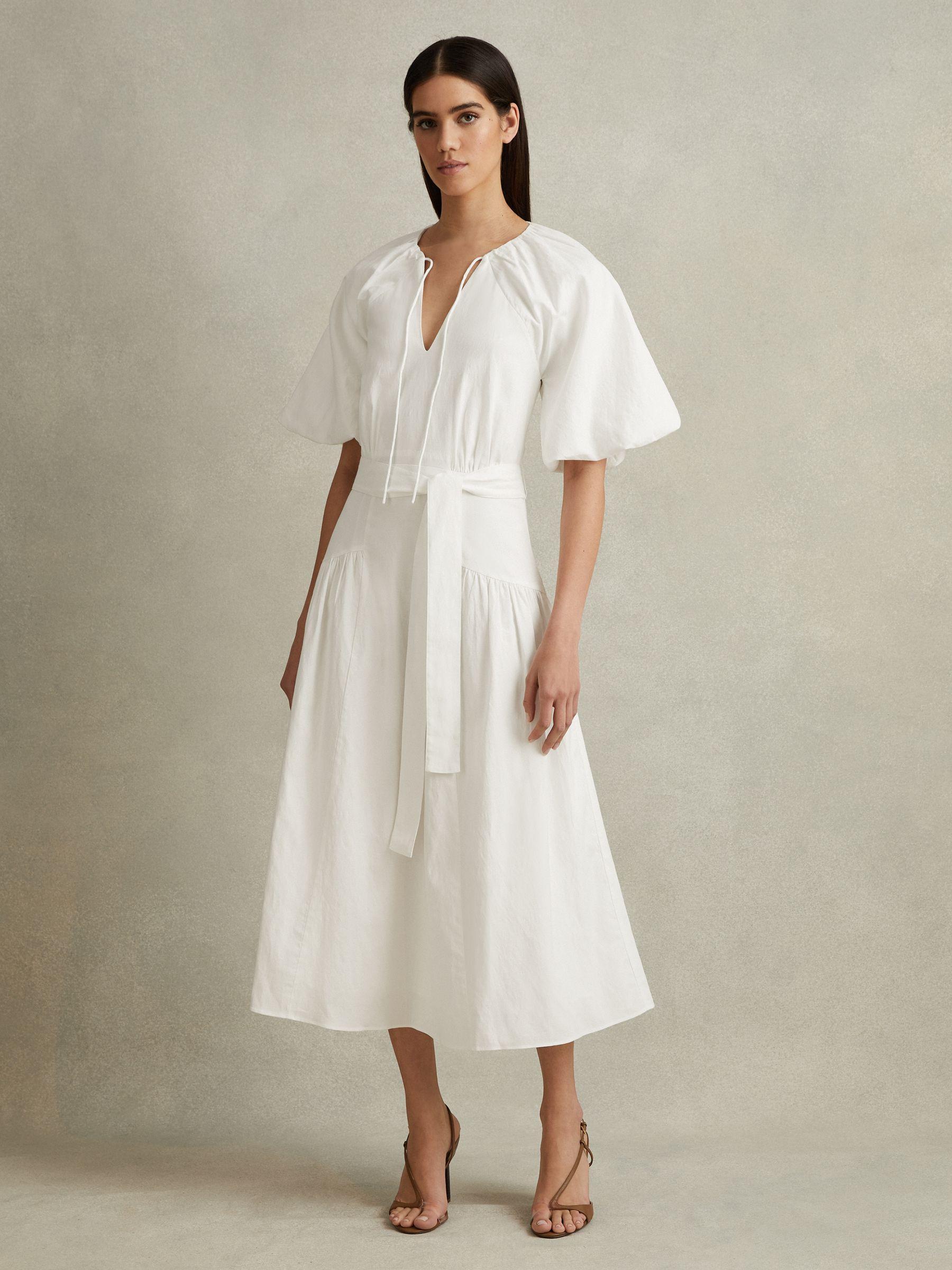 Petite Lyocell Blend Puff Sleeve Midi Dress in White Product Image