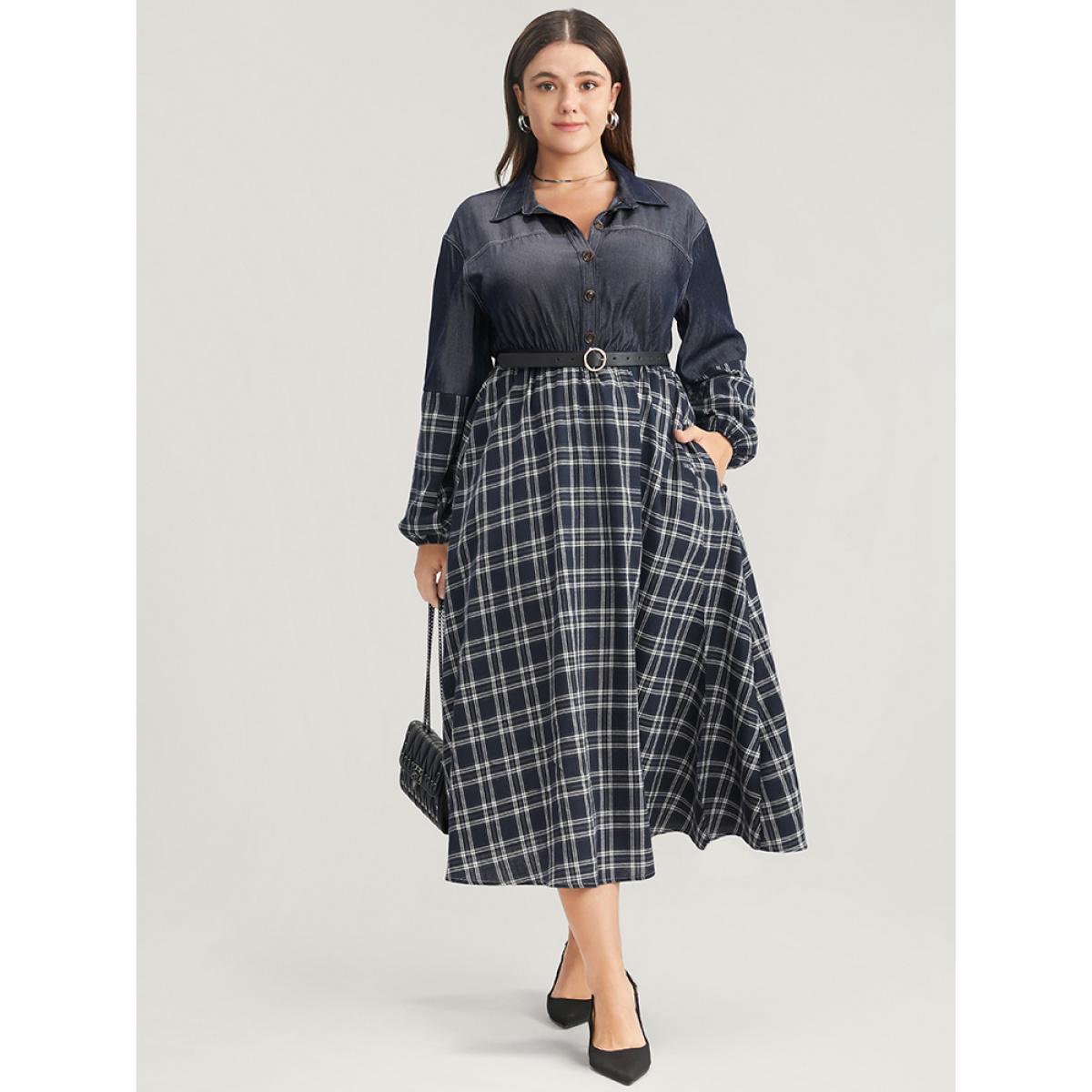Plus Size Gingham Patchwork Button Pocket Shirt Collar Dress Without Belt Navy Women Office Patchwork Shirt collar Long Sleeve Curvy Midi Dress BloomChic 28/5X Product Image