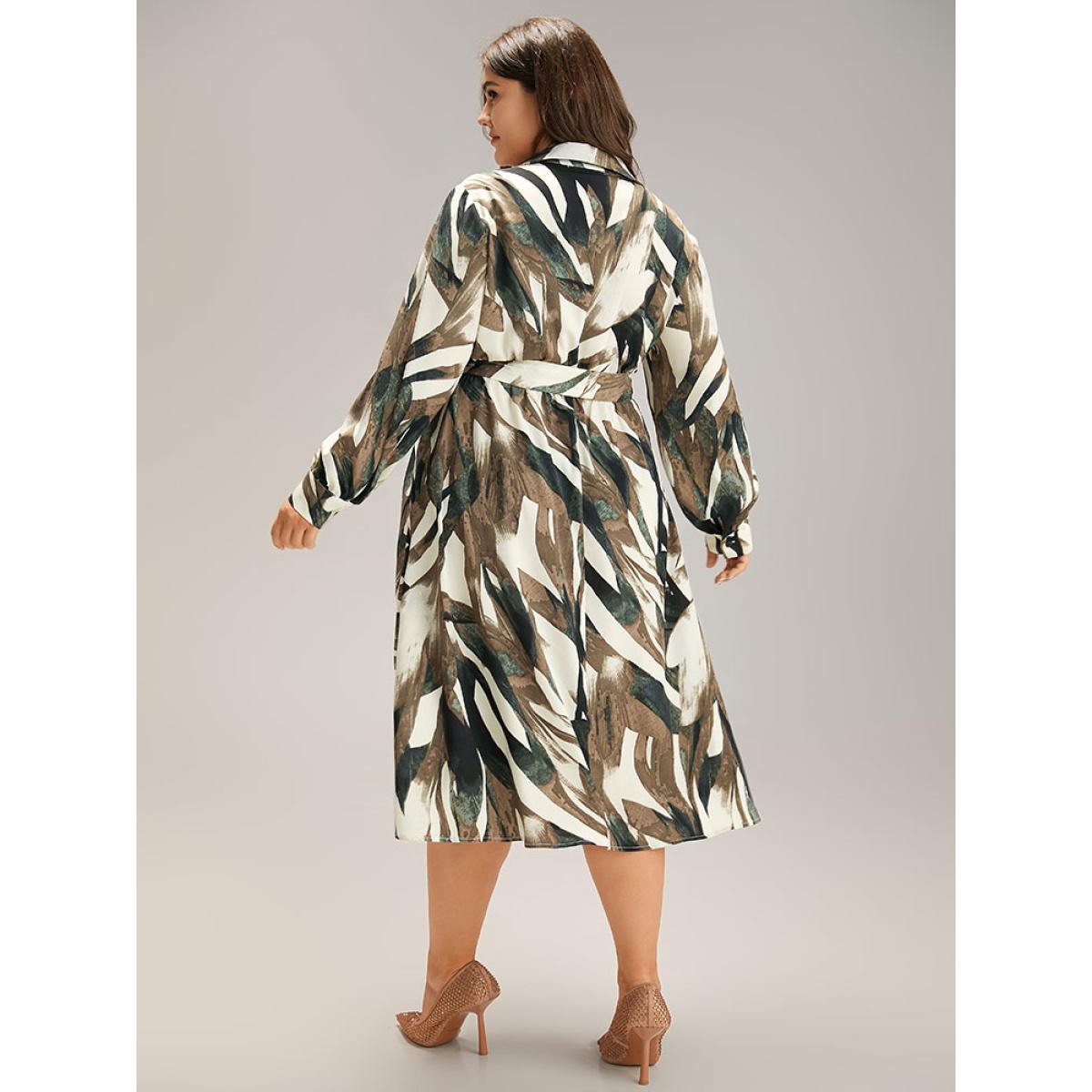 Plus Size Colorblock Contrast Belted Button Through Dress Multicolor Women At the Office Belted Shirt collar Long Sleeve Curvy Midi Dress BloomChic 30/6X Product Image