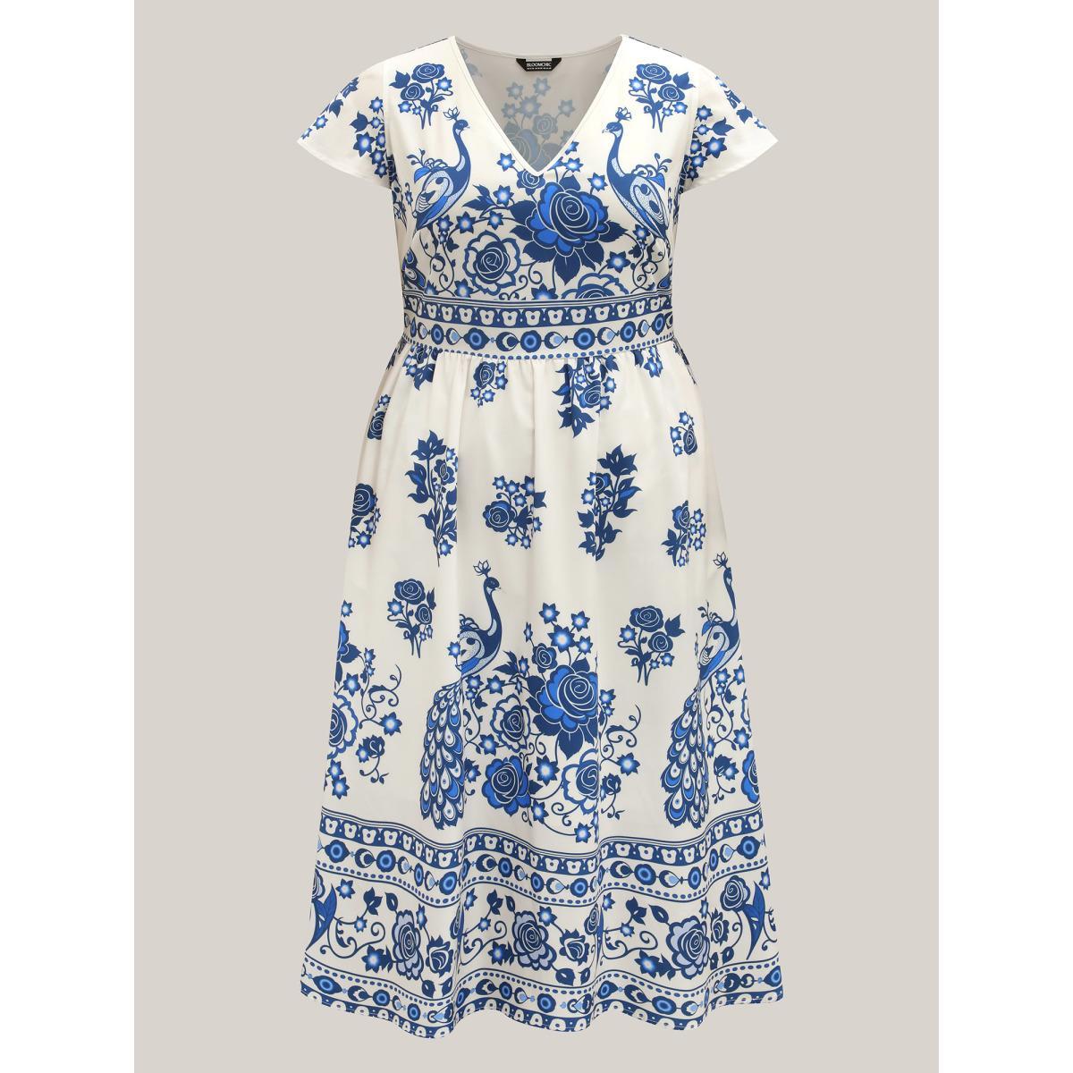 Plus Size Boho Print V-Neck Pockets Midi Dress Mediumblue Women V-neck Short sleeve Curvy BloomChic 10/M Product Image