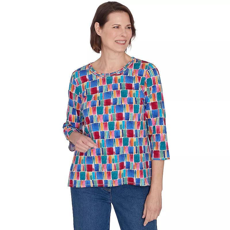Petite Alfred Dunner Box Print Short Sleeve Top, Women's, Size: Large Petite, Multi Blue Product Image