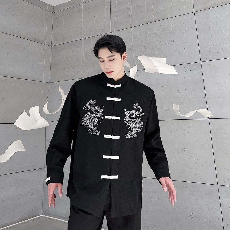 Long Sleeve Dragon Embroidered Tangzhuang Shirt Product Image