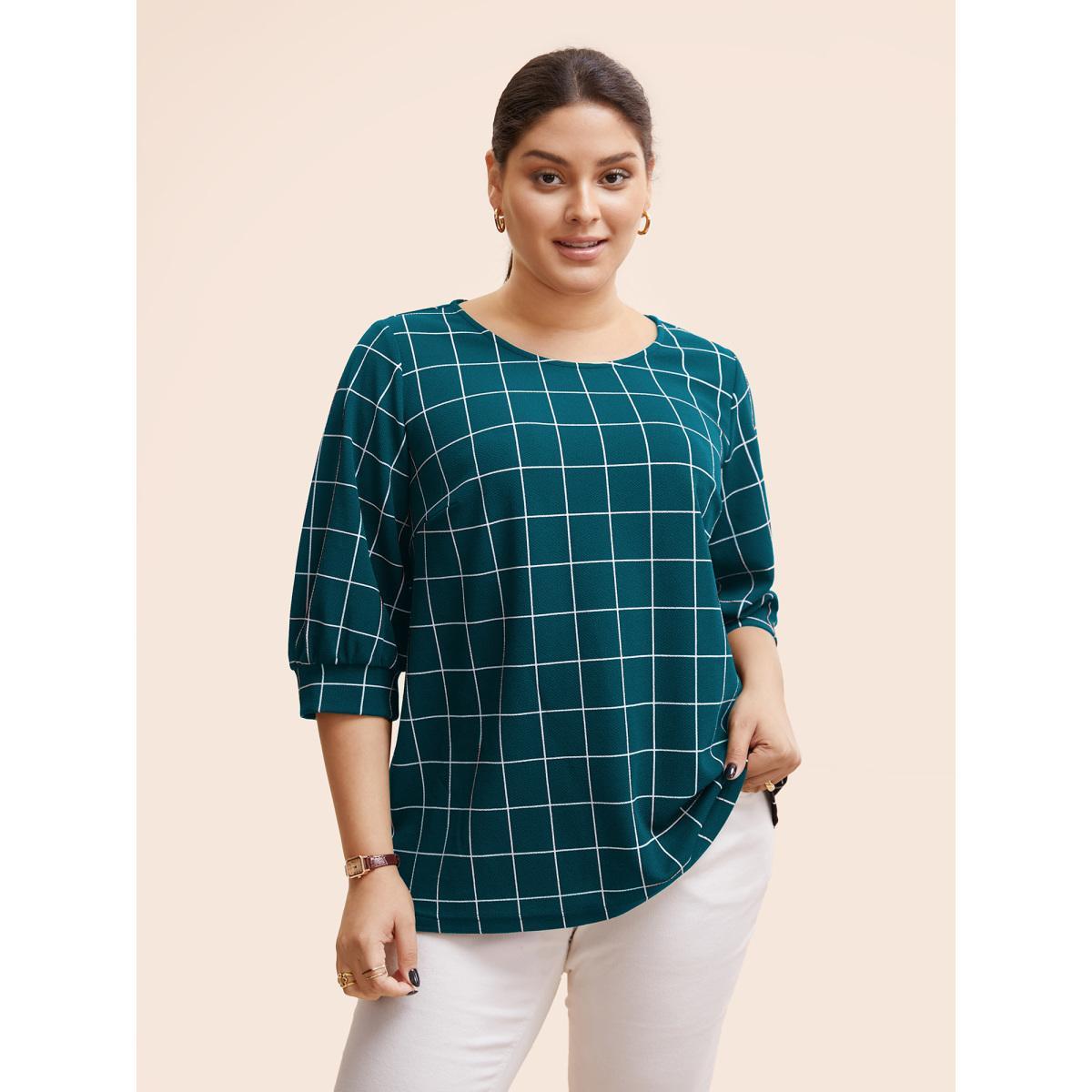 Plus Size Plaid Round Neck Lantern Sleeve T-shirt Burgundy Women At the Office Printed Plaid Round Neck Work T-shirts BloomChic 10/M Product Image
