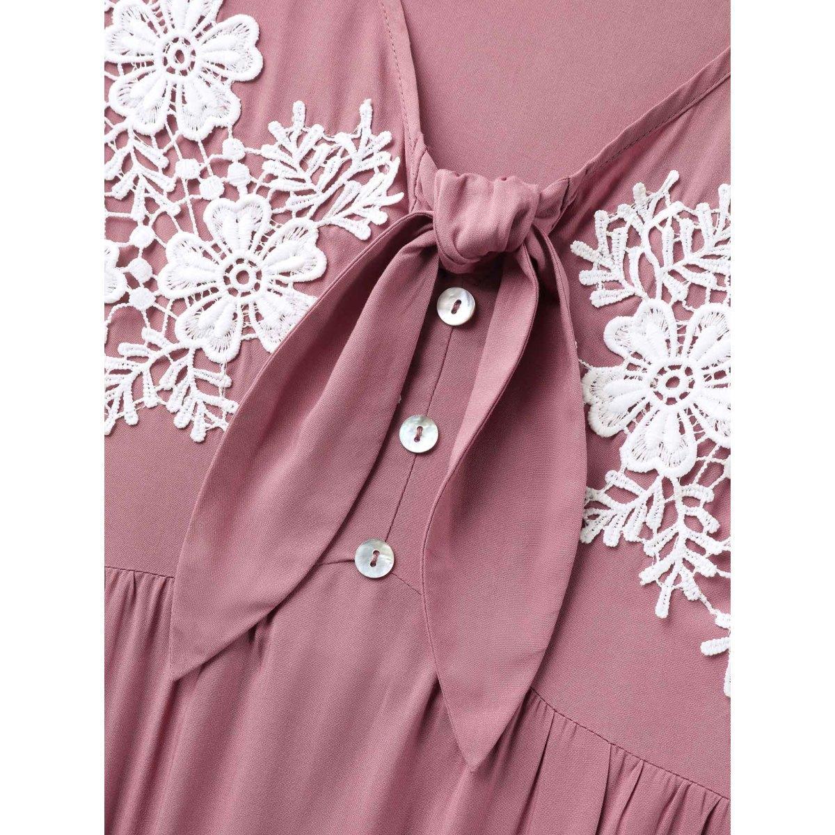 Plus Size Rayon Bodice Embroidered Patchwork Knot Midi Dress DustyPink Women V-neck Short sleeve Curvy BloomChic 28/5X Product Image