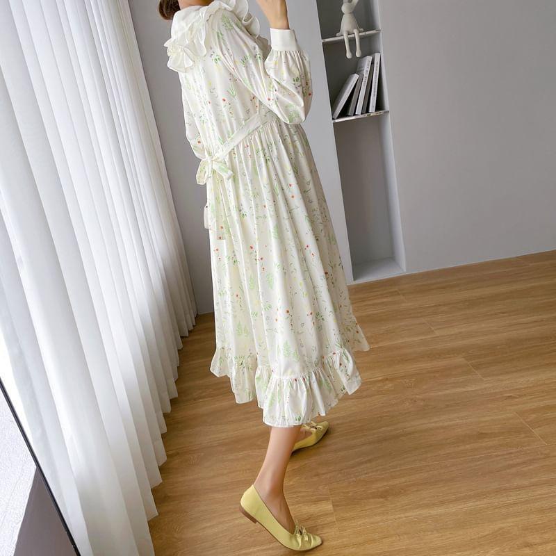 Maternity Long-Sleeve Collar Floral Button Midi A-Line Dress Product Image