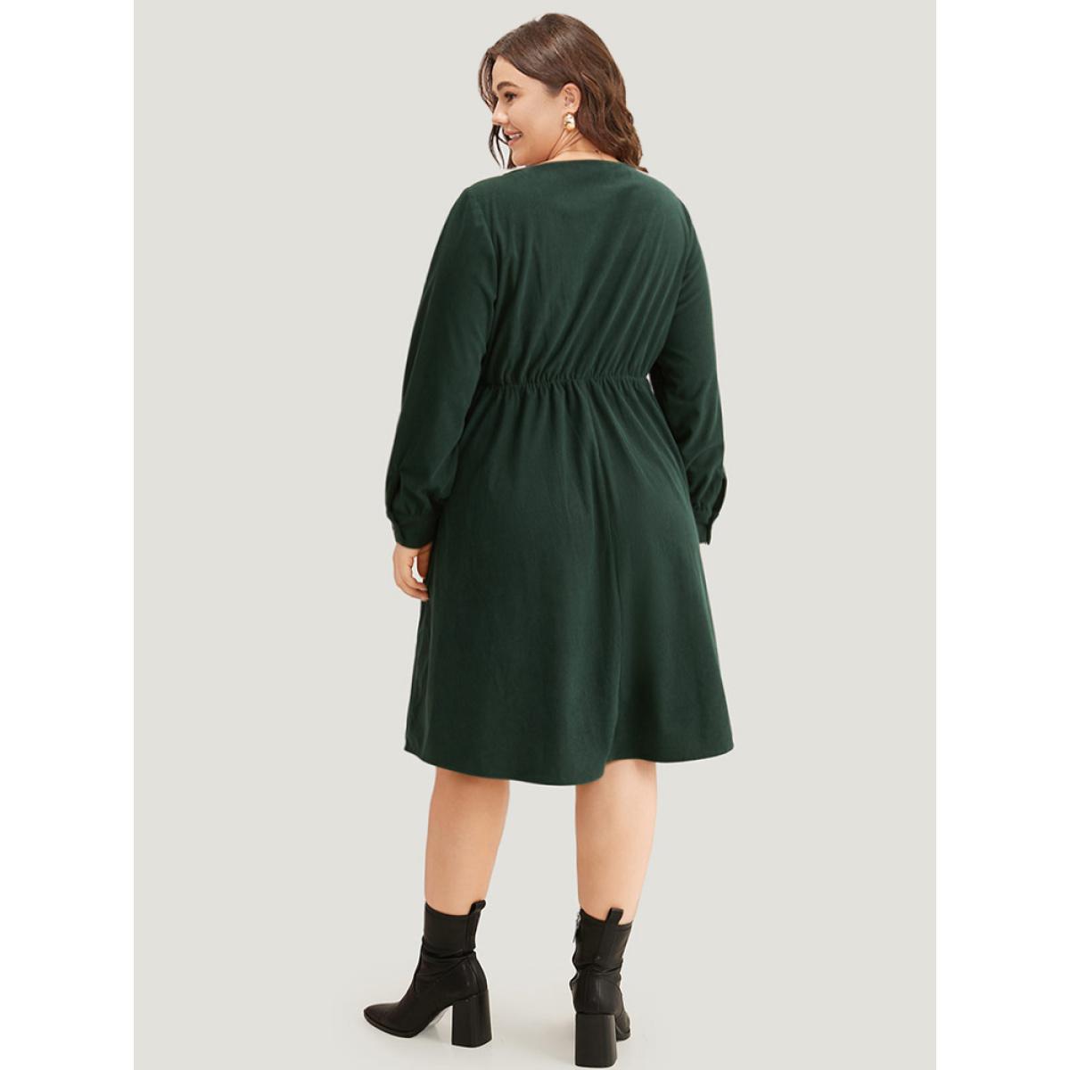 Plus Size Corduroy Plain Pocket Button Detail Dress DarkGreen Women Elegant Gathered Square Neck Long Sleeve Curvy Midi Dress BloomChic 30/6X Product Image