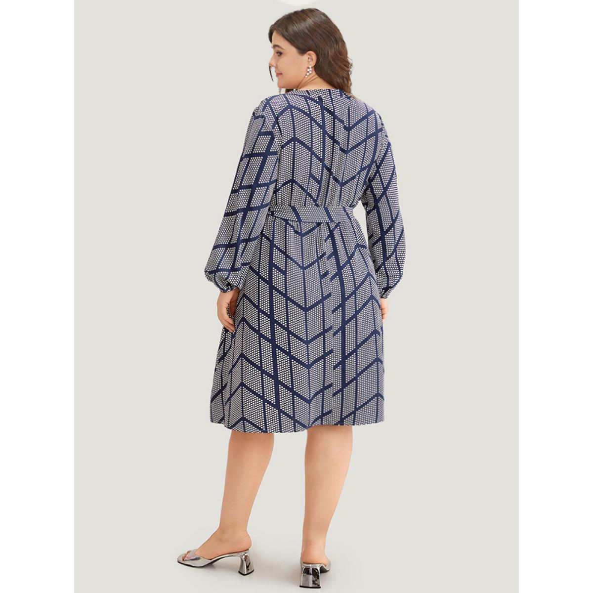 Plus Size Polka Dot Geometric Belted Lantern Sleeve Dress Black Women Office Elastic cuffs Notched collar Long Sleeve Curvy Midi Dress BloomChic 18-20/2X Product Image