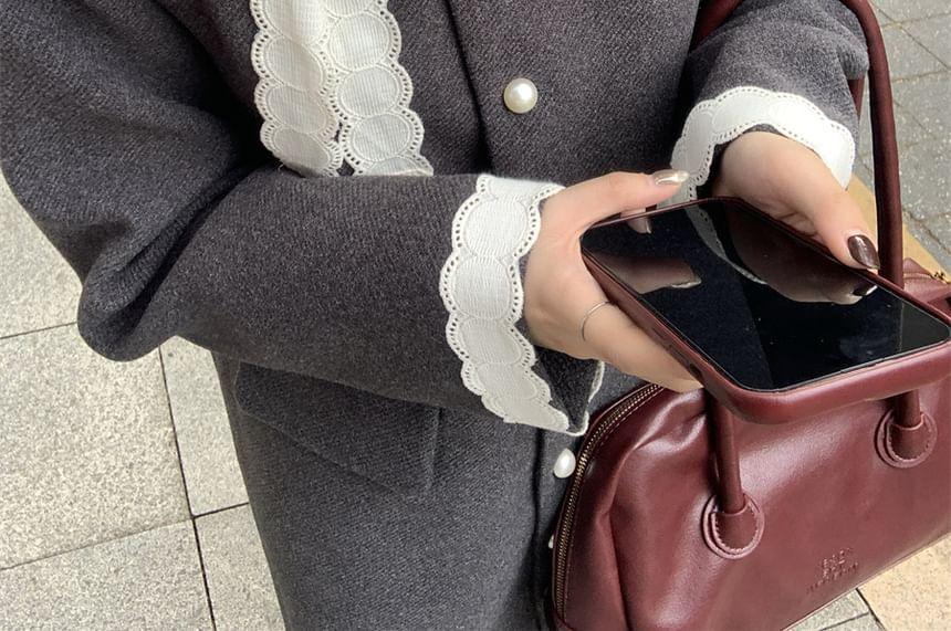 Round Neck Plain Lace Trim Single Breasted Coat Product Image
